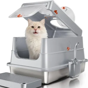 Large Enclosed Stainless Steel Cat Litter Box with Lid, High Sides, Scoop & Step, Leak Proof Easy Clean Odor Control