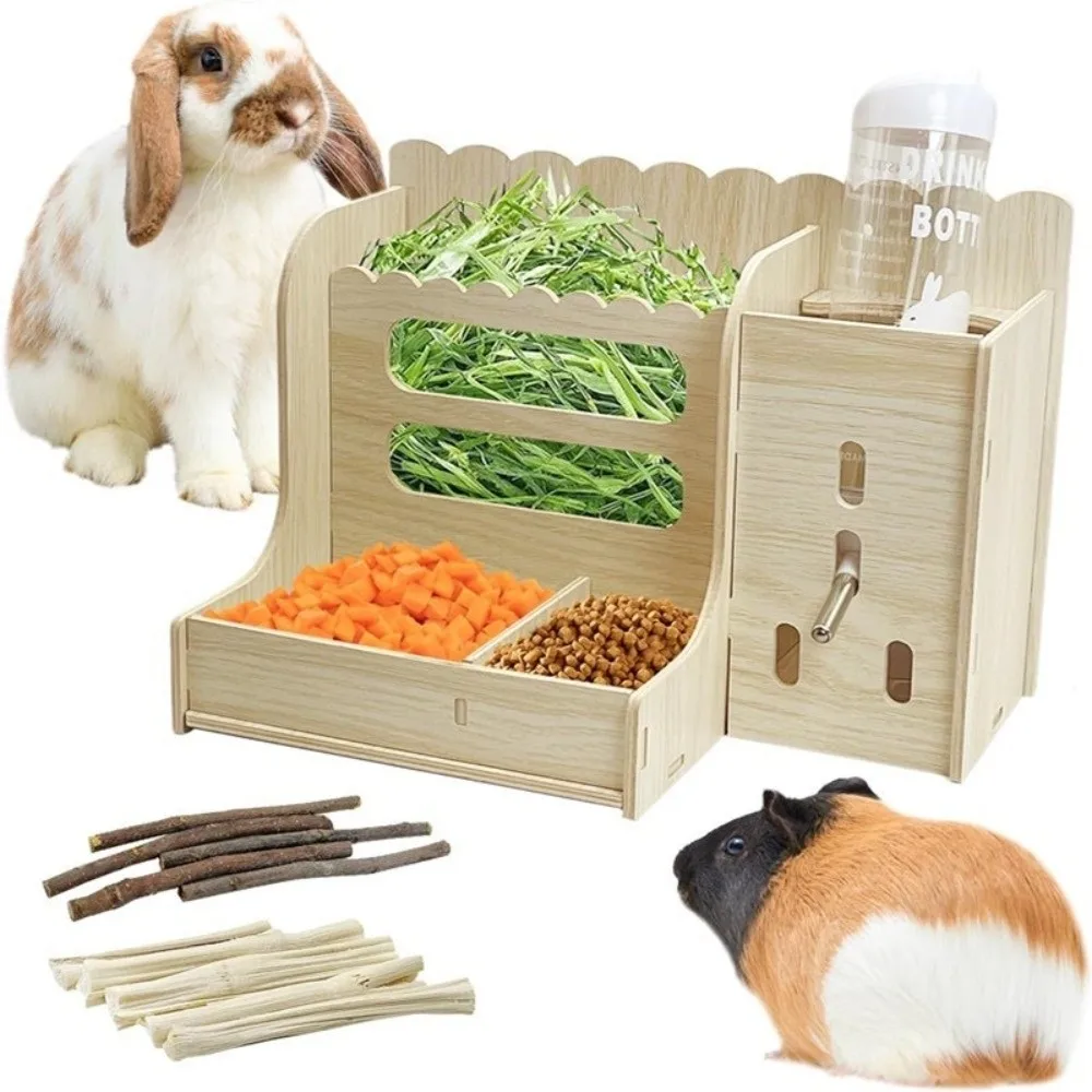 2 in 1 Rabbit Hay Feeder Bite Resistant with Bottle Wooden Grass Dispenser Detachable Guinea Pig Feeder Cage Accessories - Image 4