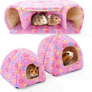 3 Pack Guinea Pig House Accessories, 2 Cozy Guinea Pig Bed and Hideout Tunnel, Chinchillas Hideout for Hamster, Rabbit,