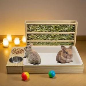 Multifunctional Rabbit Hay Feeder with Litter Box Wooden Bunny Feeding Manger Wet and Dry Separation Double Basin