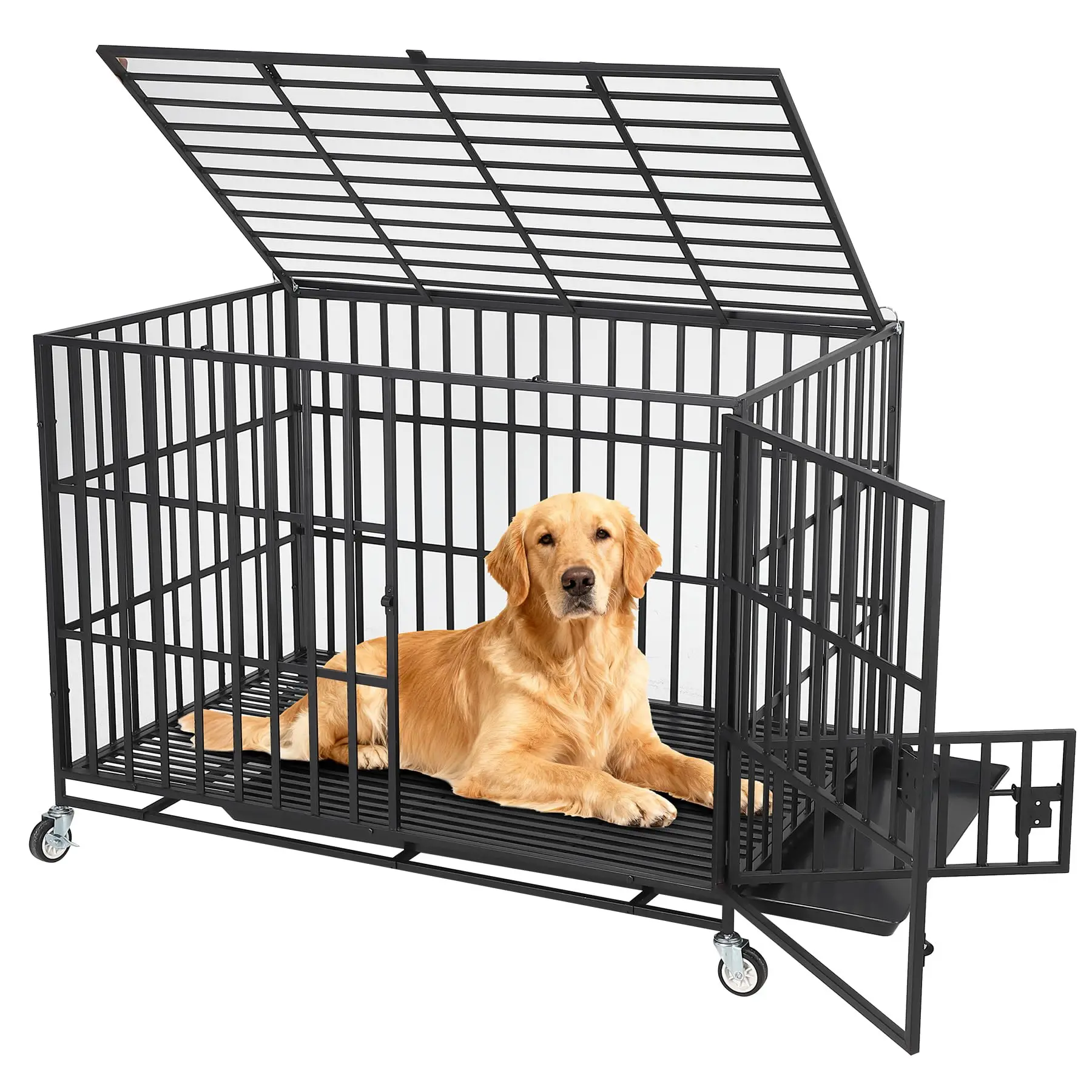 Heavy Duty Escape-Proof Metal Dog Crate Steel Kennel Dog Cage with 3 Doors, Removable Tray, Locking Wheels Medium/Large Breeds