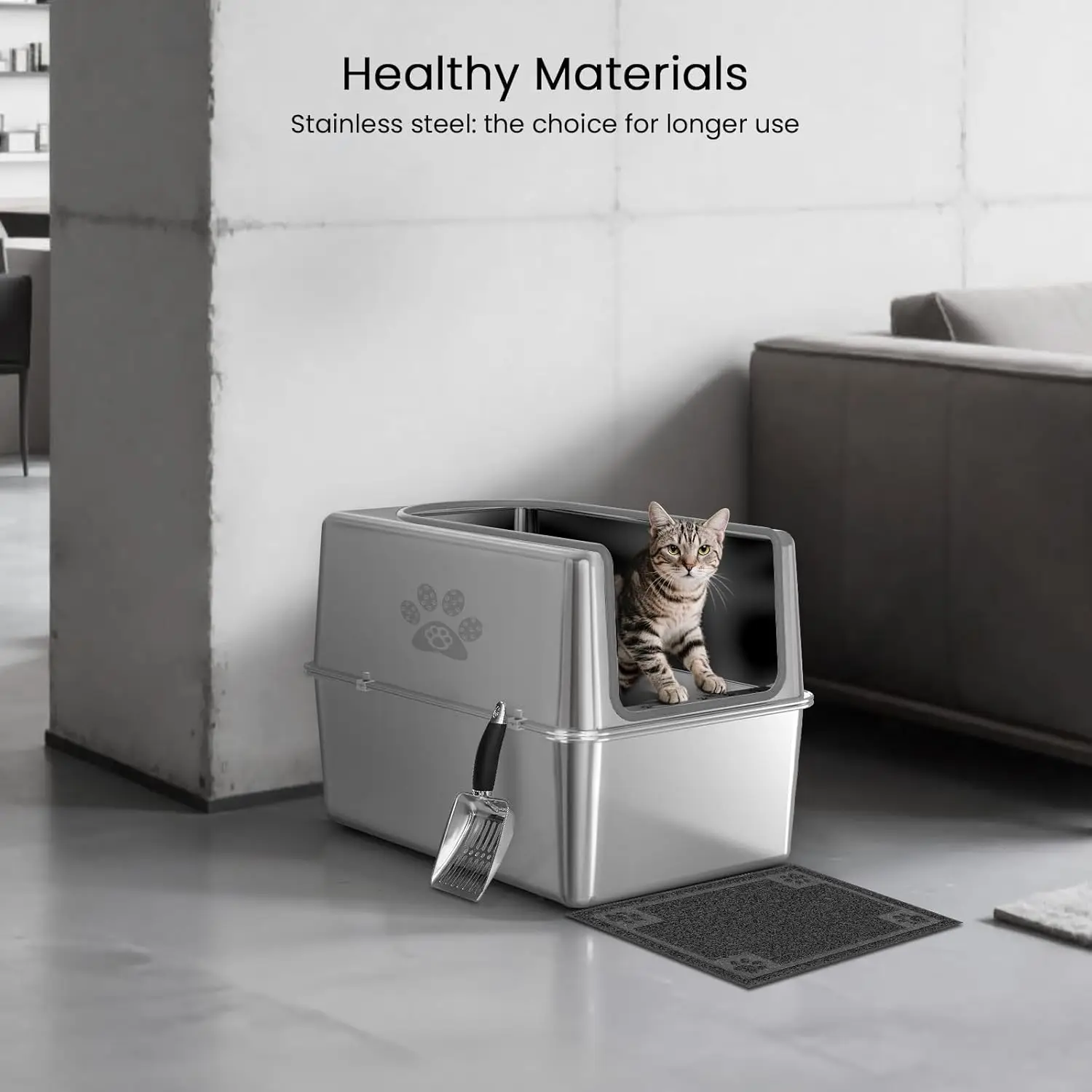 XL Stainless Steel Cat Litter Box with Lid, High Sides, Non-Stick & Leakproof Design, Includes Mat & Scoop - Image 2