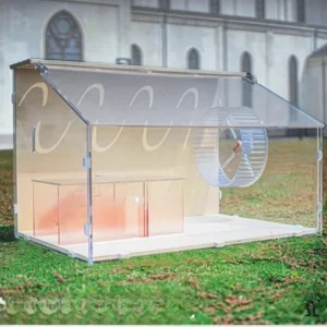 360° View Hamster Tank - 10mm Acrylic Cage with Ventilated Wooden Top, Naturalistic Habitat for Dwarf Hamsters & Small Birds