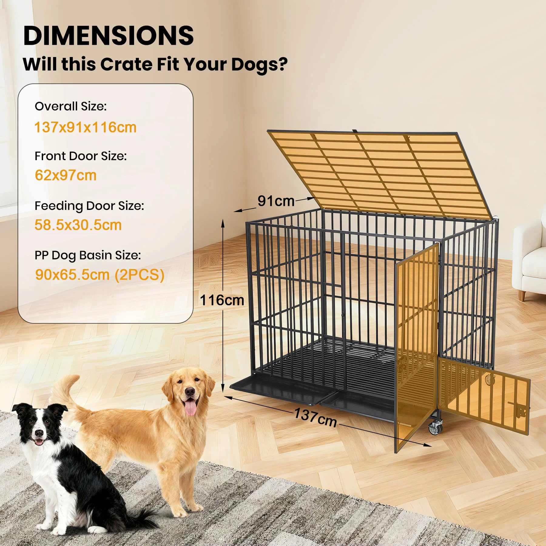 Heavy Duty Escape-Proof Metal Dog Crate Steel Kennel Dog Cage with 3 Doors, Removable Tray, Locking Wheels Medium/Large Breeds - Image 7
