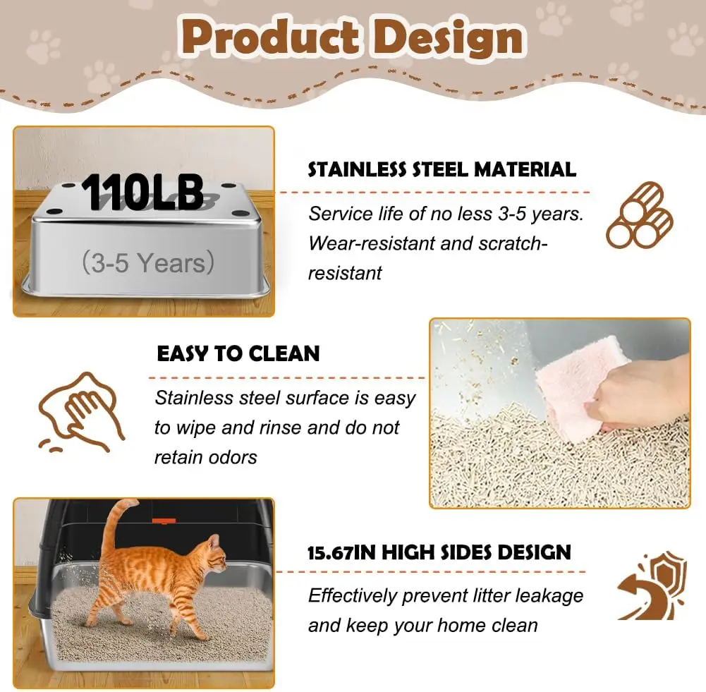 Extra Large Stainless Steel Cat Litter Box with Lid, Front Entry & Top Exit, Includes Scoop & Mat for Big Cats - Image 6