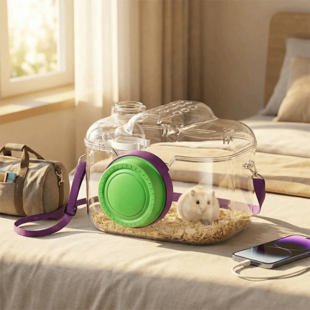 Transparent Hamster Carriers Cage Ventilated with Water Bottle Travel Hamster Carrier Adjustable Strap Food Bowl - Image 4