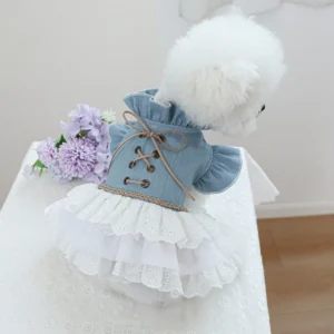 Girl Dog Denim Dress with Flared Sleeves Cat Jeans Jacket Blue Puppy Clothes for Small Dogs Cat Apparel Cake Skirt Pet Outfit