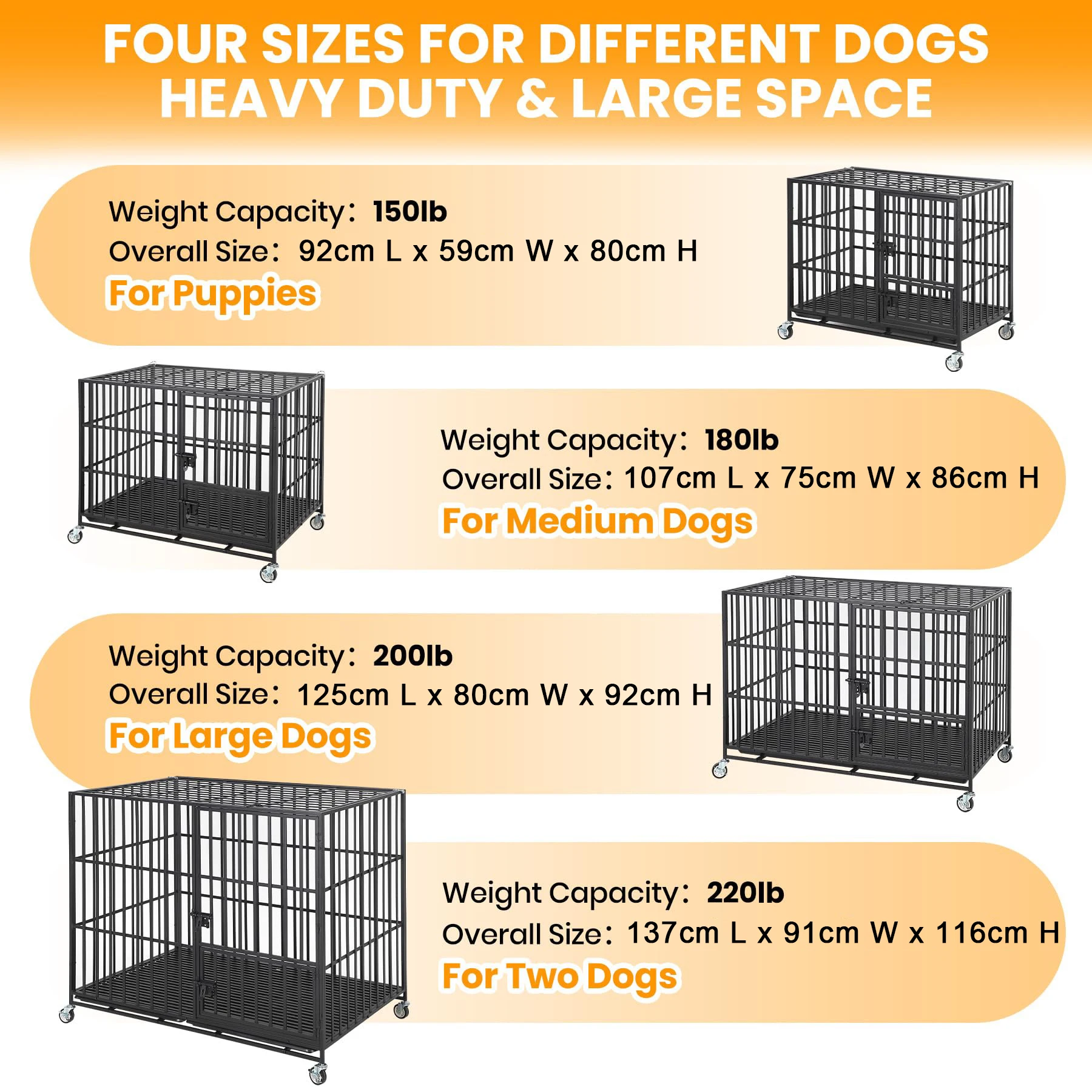 Heavy Duty Escape-Proof Metal Dog Crate Steel Kennel Dog Cage with 3 Doors, Removable Tray, Locking Wheels Medium/Large Breeds - Image 6