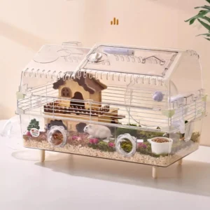 Hamster Cage with Large View - Chew-Proof Dwarf House, Ventilated Acrylic Habitat for Pets, Exercise Wheel Included
