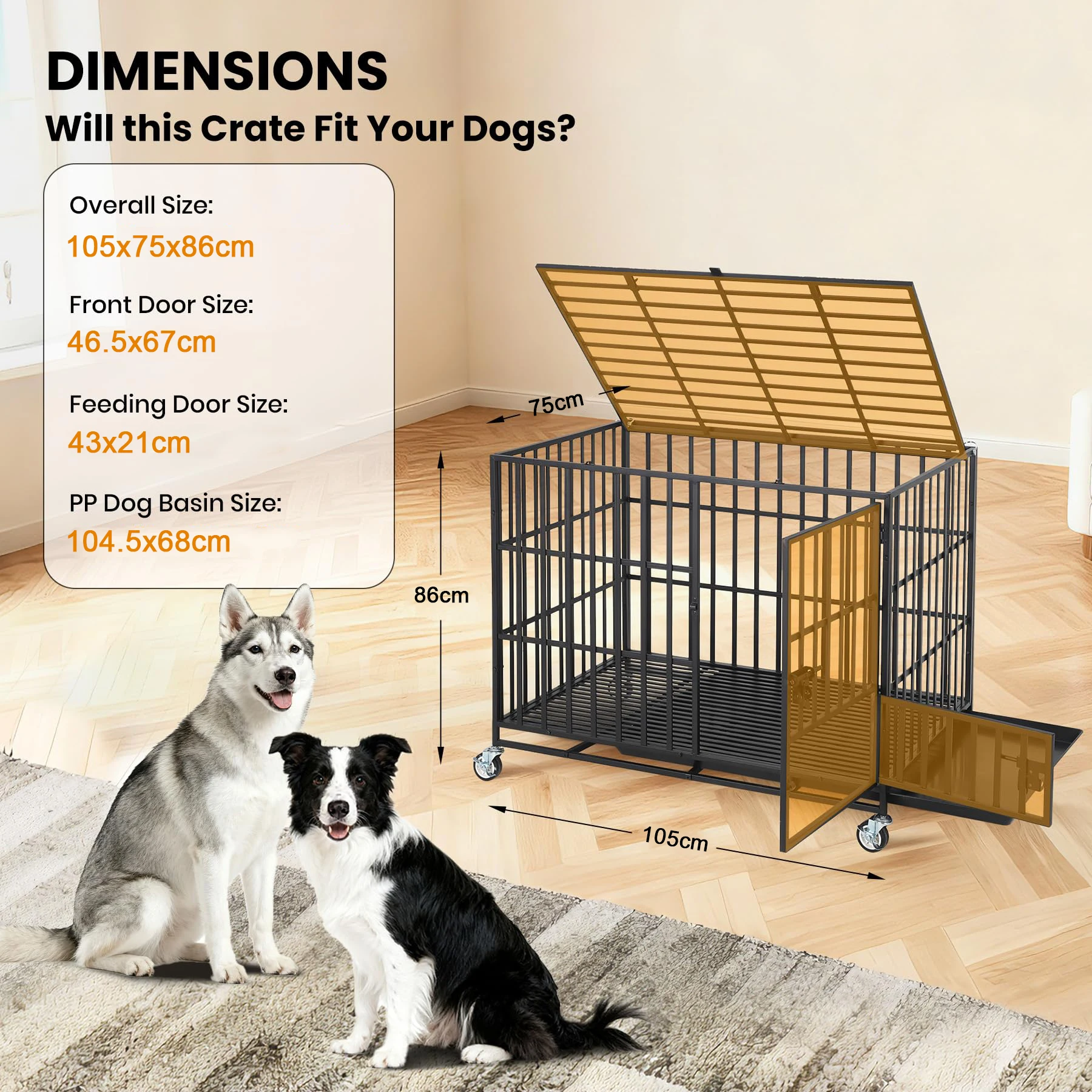 Heavy Duty Escape-Proof Metal Dog Crate Steel Kennel Dog Cage with 3 Doors, Removable Tray, Locking Wheels Medium/Large Breeds - Image 8