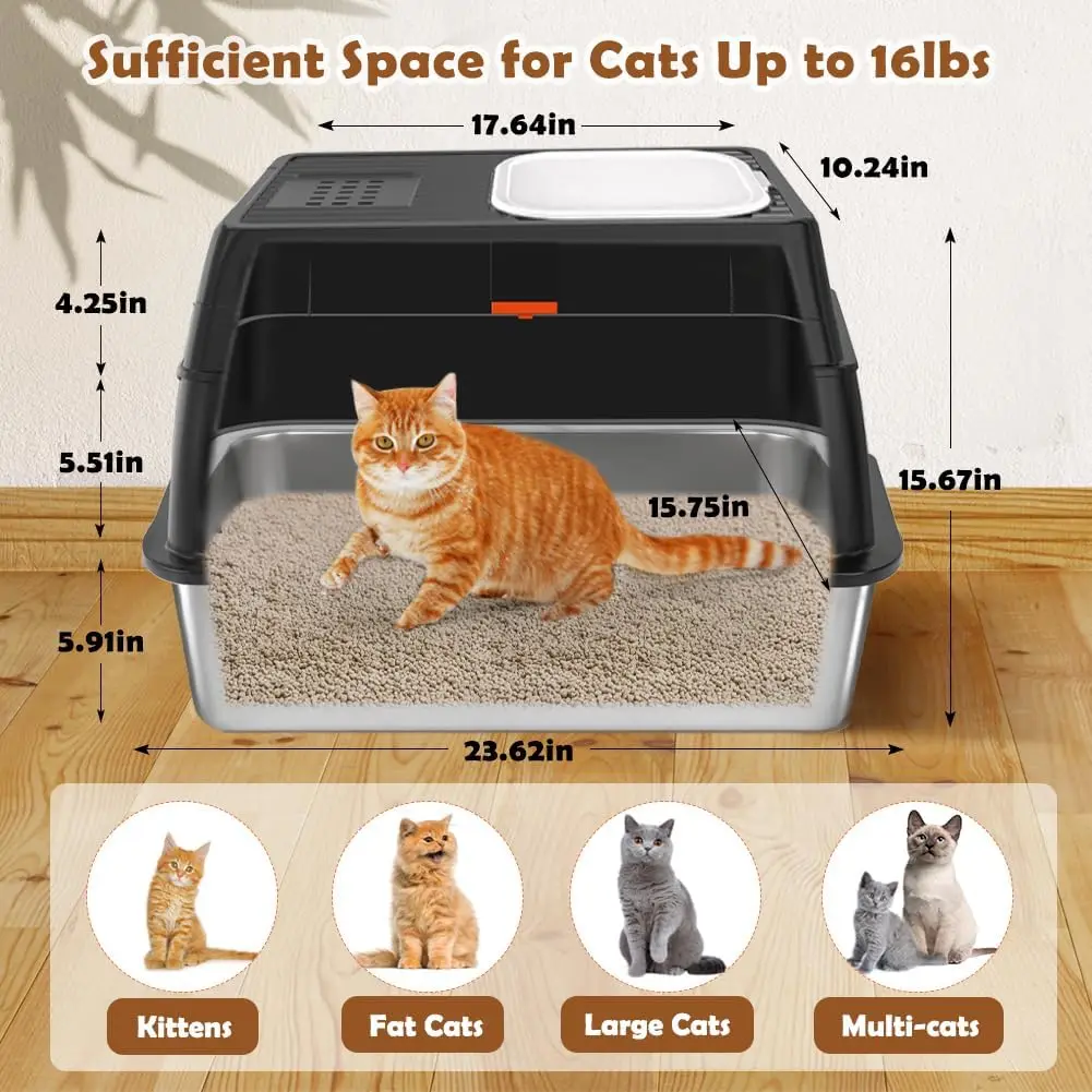 Extra Large Stainless Steel Cat Litter Box with Lid, Front Entry & Top Exit, Includes Scoop & Mat for Big Cats - Image 2