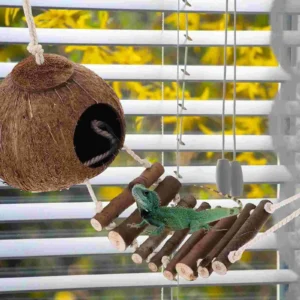 Hermit Cave Habitat with Ladder Hanging Ring Coconut Shell Delicate Reptile Hideout Resin Wooden Accessories Ladders