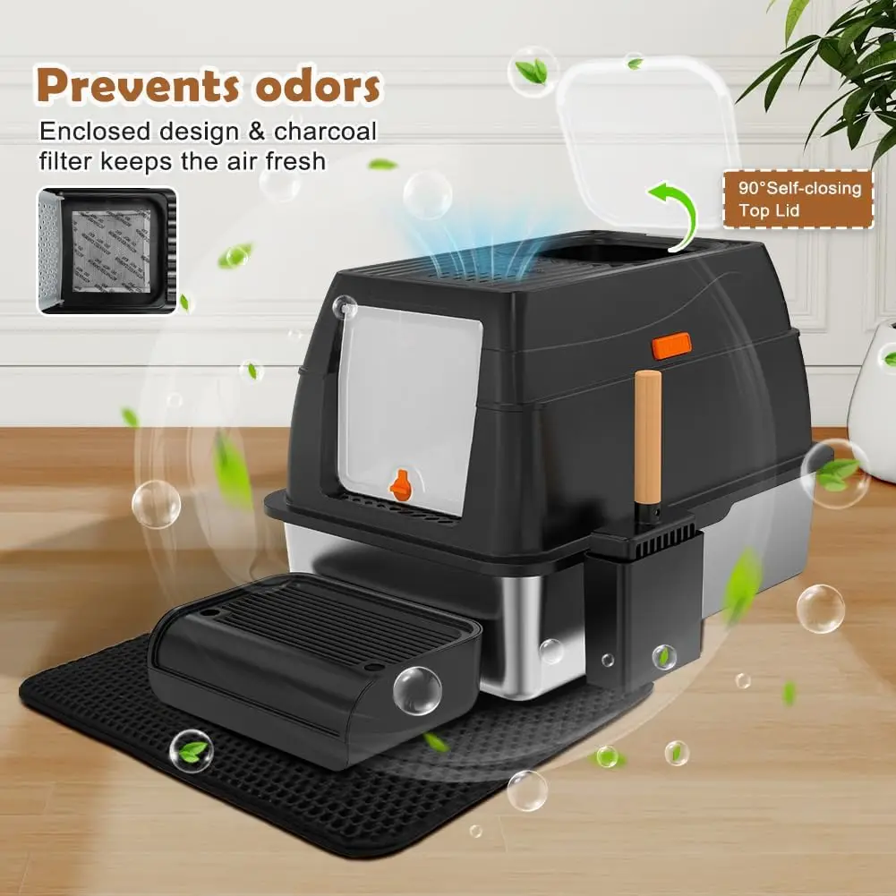 Extra Large Stainless Steel Cat Litter Box with Lid, Front Entry & Top Exit, Includes Scoop & Mat for Big Cats - Image 5