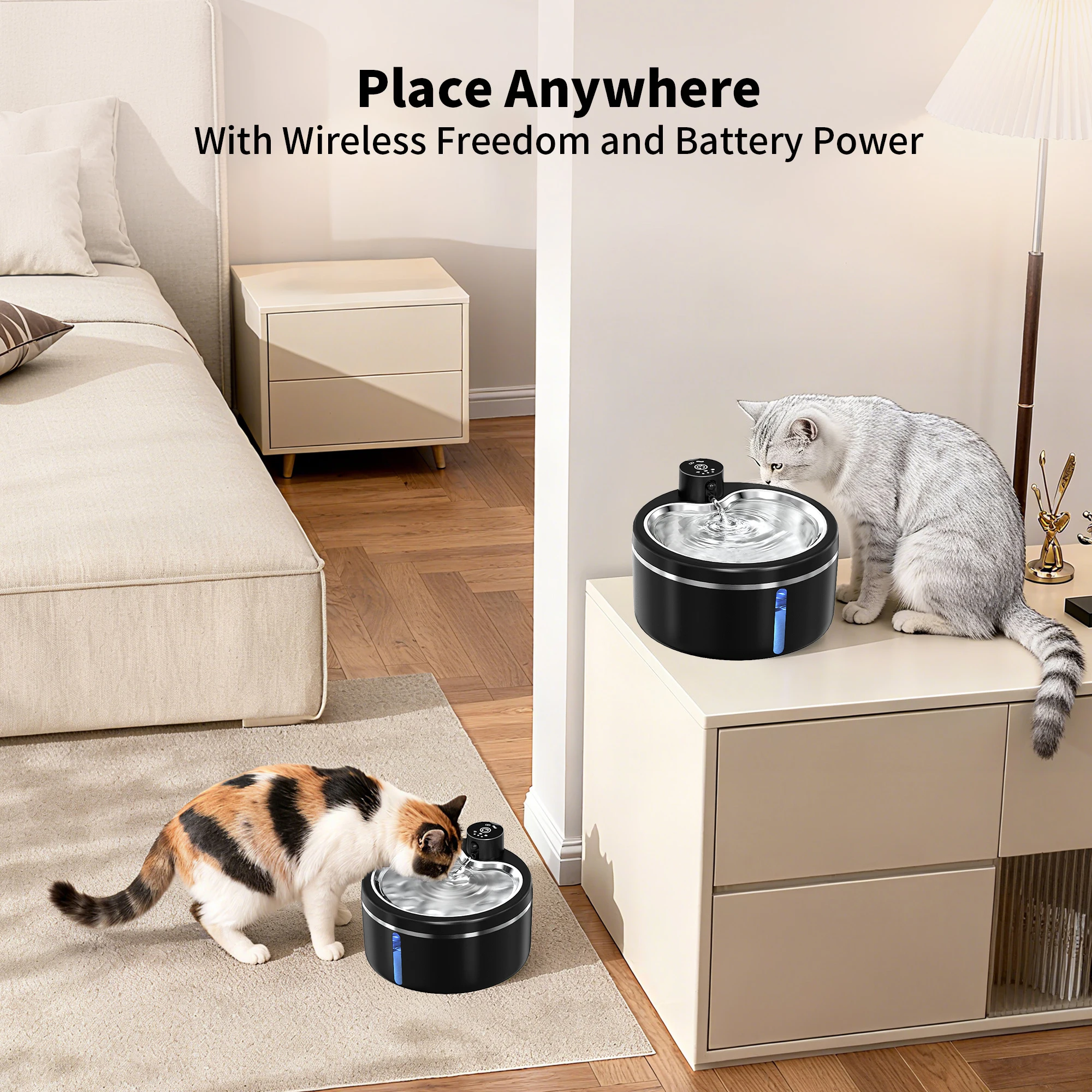 Wireless Cat Water Fountain Smart Sensor 304 Stainless Steel Automatic Circ Filtration With Level Check Mute Cats Water Drinker - Image 2