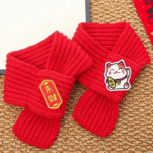 Durable Red Color Knitted Cat Scarf Festive Embroidered New Year Dog Scarf Blessing Warm Pet Scarf Bib Winter