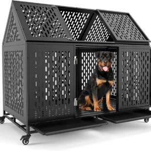 52 Inch Heavy Duty Dog Crate Extra Large Dog Cage, Indestructible XXL Dog Crate Kennel with Open Roof Top, Trays and Wheels