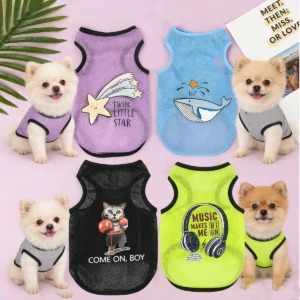 Pet Cute Summer Vest Cat & Dog Cartoon Printed Mesh Cool Breathable Clothing Bichon Frise Pomeranian Outfits.