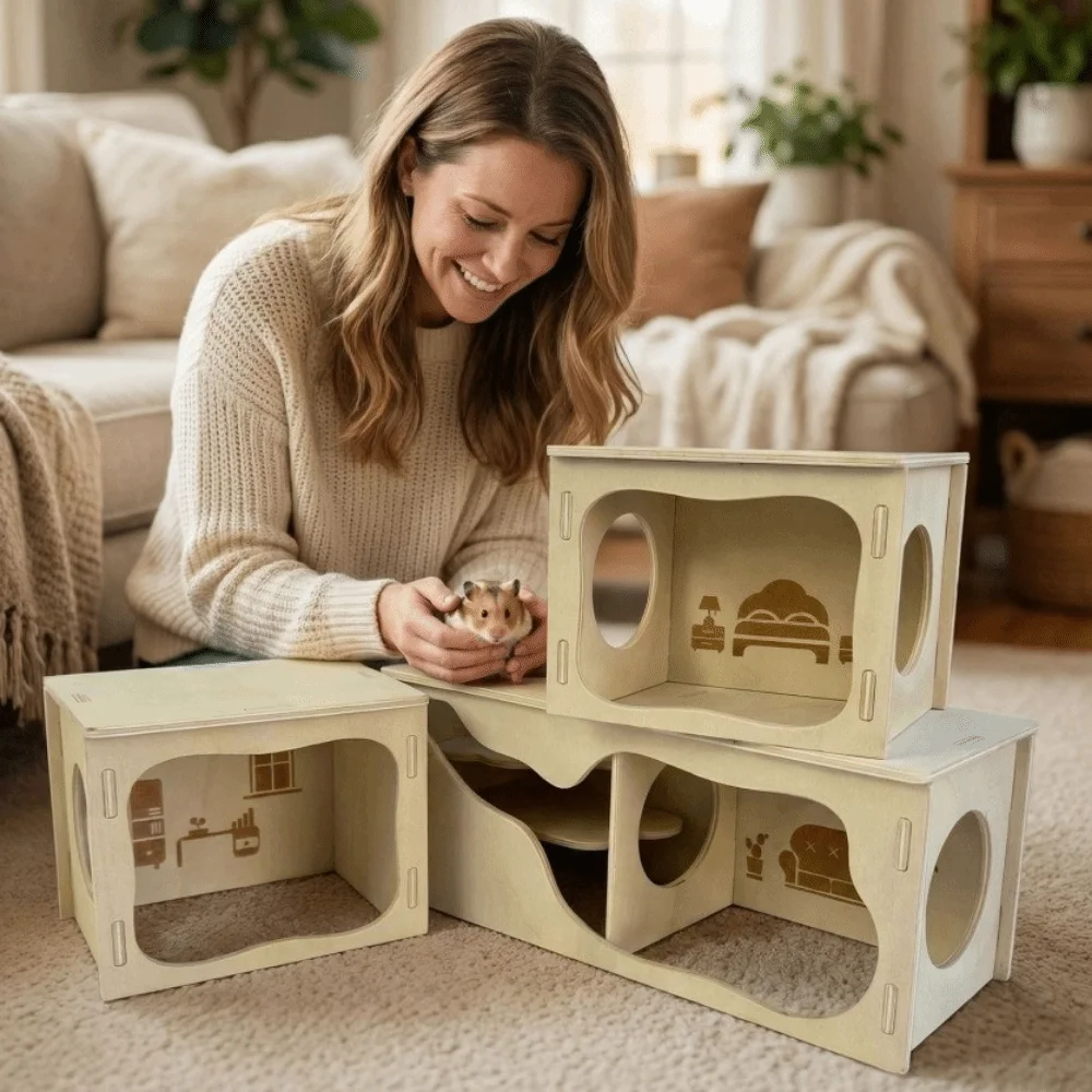 Climbing Structure Wooden Hamster House Chew-Proof Stackable Hamster Villa Detachable Hamster Wooden Hut Exercise - Image 3