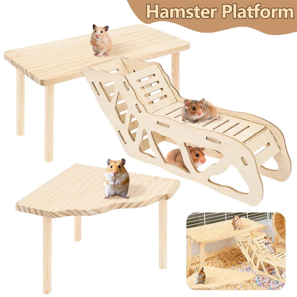 3/4Pcs Hamster Platform Natural Wood Hamster Climbing Toy with Ramp Tunnel Shelter Small Pet Resting Area Hamster Cage Accessory