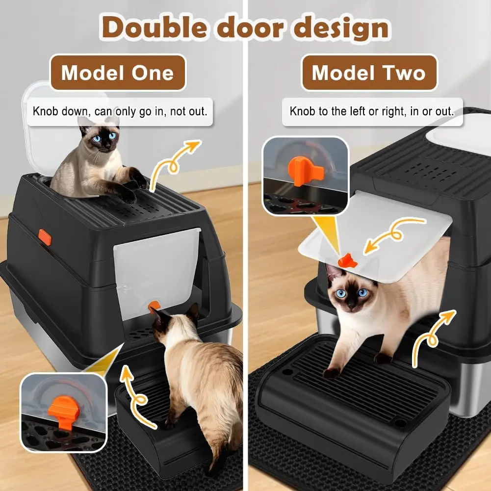 Extra Large Stainless Steel Cat Litter Box with Lid, Front Entry & Top Exit, Includes Scoop & Mat for Big Cats - Image 3