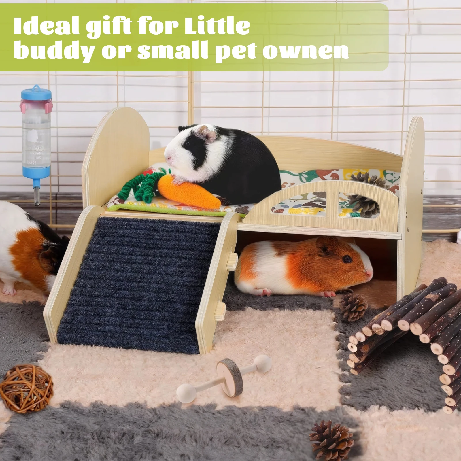 Wooden Small Animal Bed Anti-Slip Guinea Hideout Platform Washable Multi-Level Guinea Pig Castle for Hamsters Bunny Chinchillas - Image 3