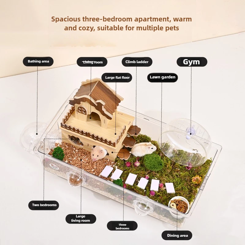 Hamster Cage with Large View - Chew-Proof Dwarf House, Ventilated Acrylic Habitat for Pets, Exercise Wheel Included - Image 2
