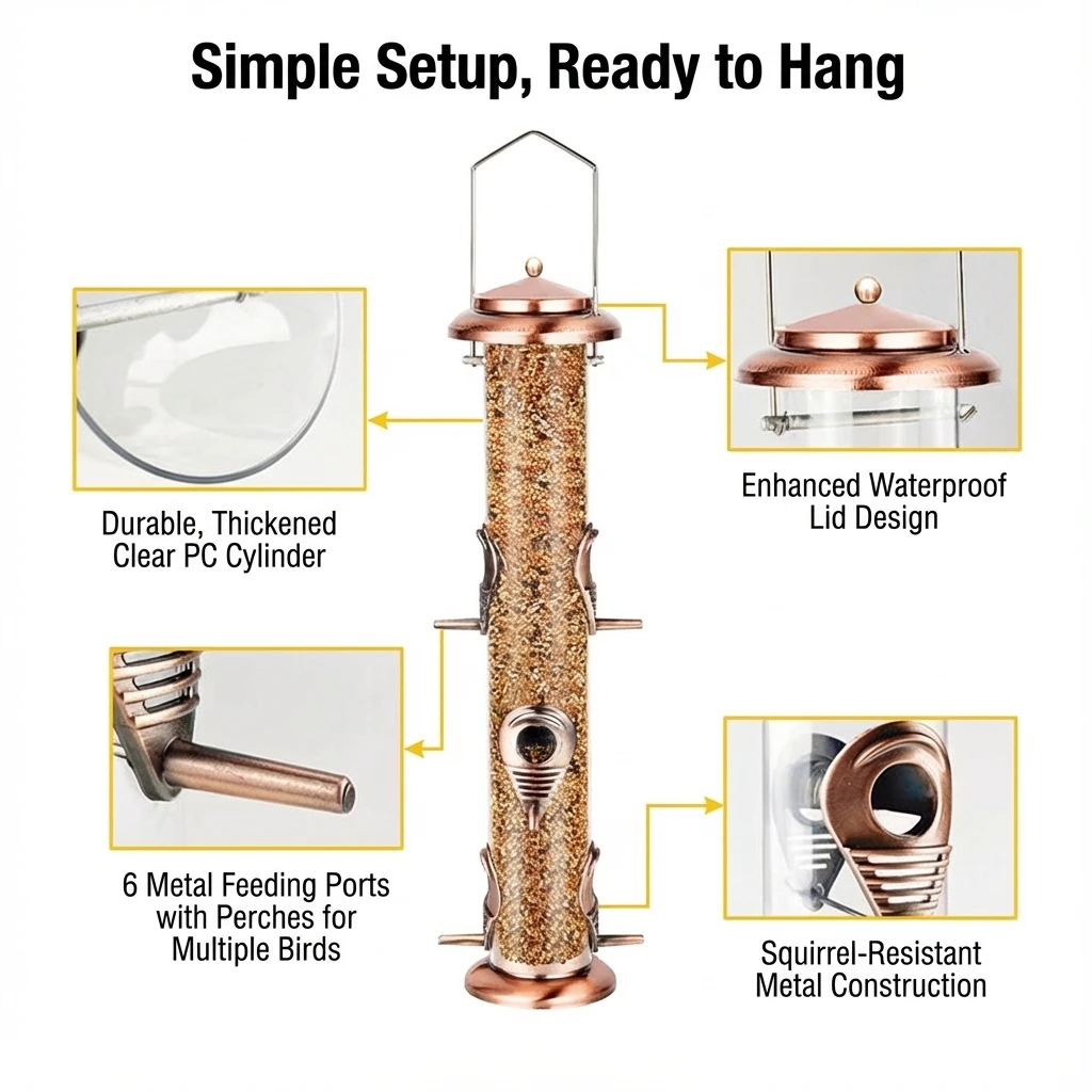 Classic Tube Bird Feeders for Outdoors Hanging Bird Feeder with 6 Feeding Ports, 2LB Seed Capacity Wild Bird Feeders - Image 4