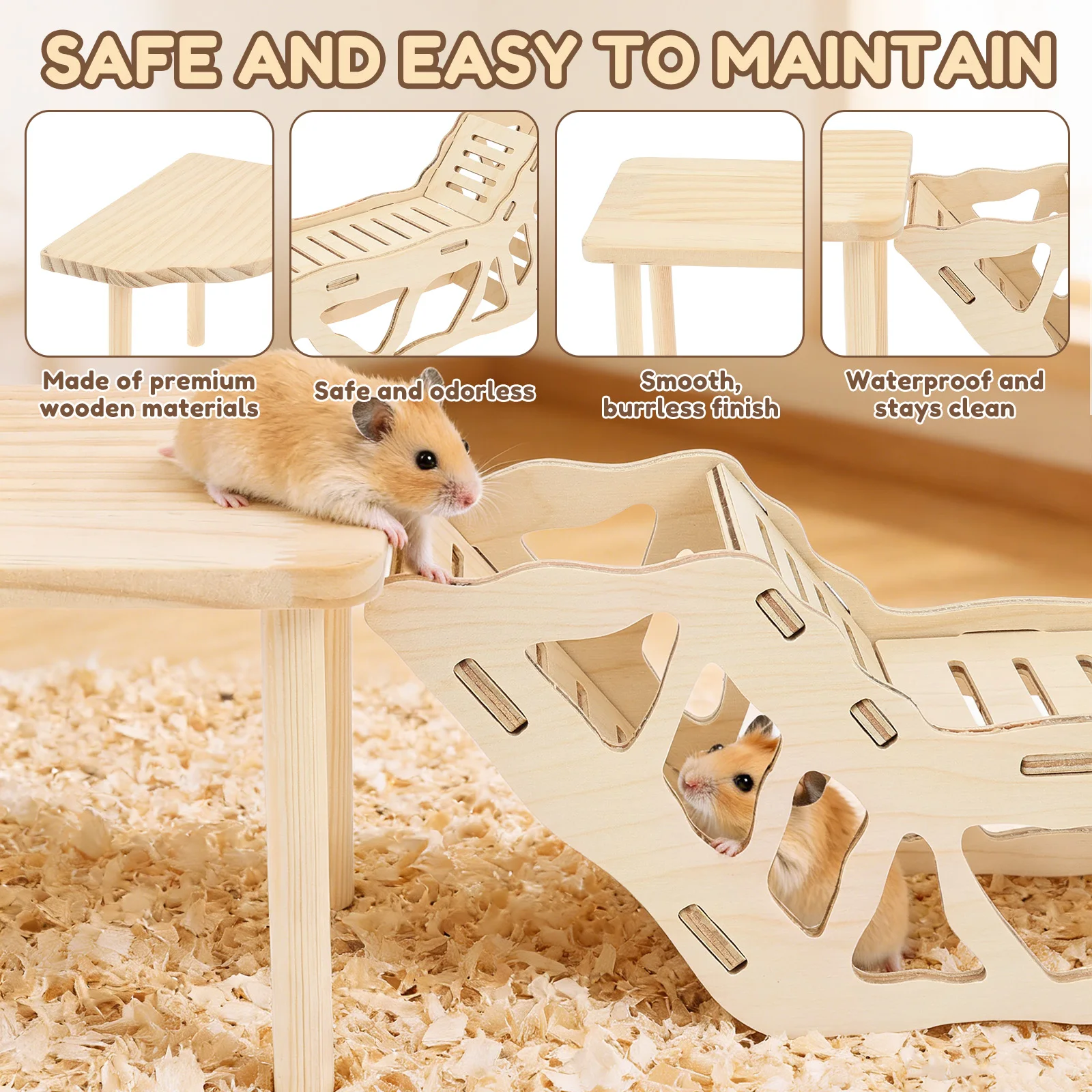 3/4Pcs Hamster Platform Natural Wood Hamster Climbing Toy with Ramp Tunnel Shelter Small Pet Resting Area Hamster Cage Accessory - Image 3