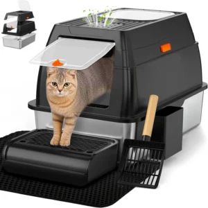 Extra Large Stainless Steel Cat Litter Box with Lid, Front Entry & Top Exit, Includes Scoop & Mat for Big Cats
