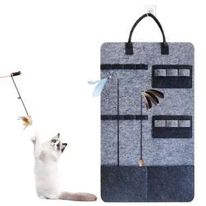 Cat Teaser Wand Holder Felt Wall Mount Cat Feather Toys Holder With Adhesive Hooks Cat Wand Toy Storage Hang-On Bag Space-Saving
