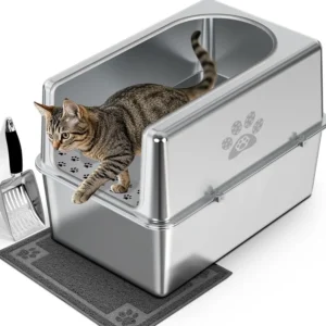 XL Stainless Steel Cat Litter Box with Lid, High Sides, Non-Stick & Leakproof Design, Includes Mat & Scoop