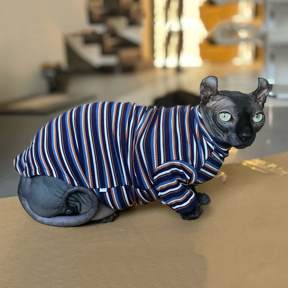 New Sphinx Devon Hairless Cat Clothes For Kitten Knitted Striped High Collar Cat Clothing Spring Autumn Kitty Costume For Pet - Image 3