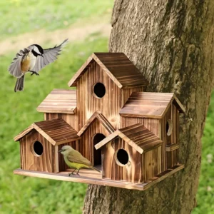 Wooden bird house, outdoor garden bird villa nest, decorative hanging bird feeder, natural wood, rural bird home decoration