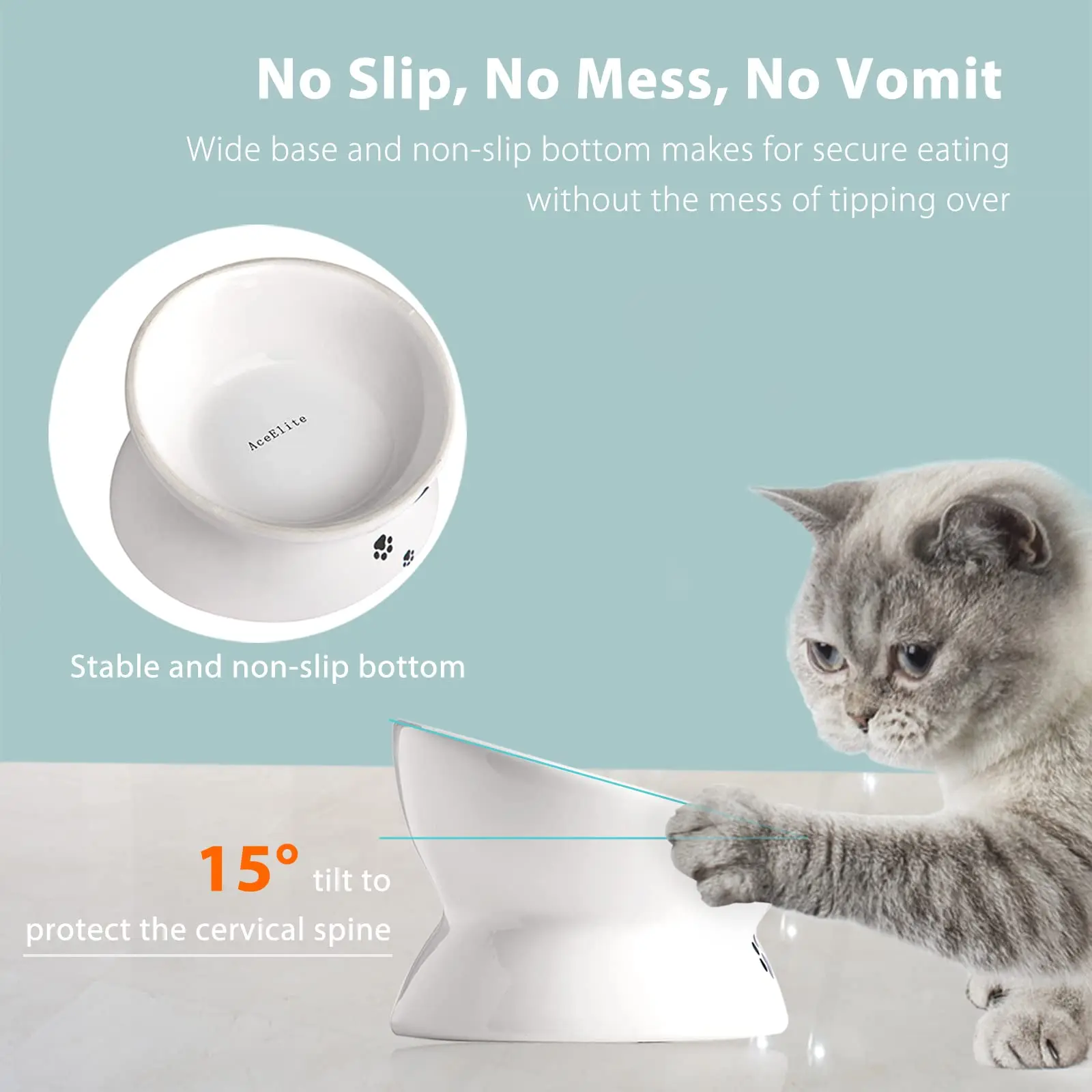 15° Tilted Raised Cat Bowl, Ceramic Anti-Vomiting Pet Dish Whisker Friendly Neck Protection Non-Slip Dishwasher Safe for Cats - Image 4