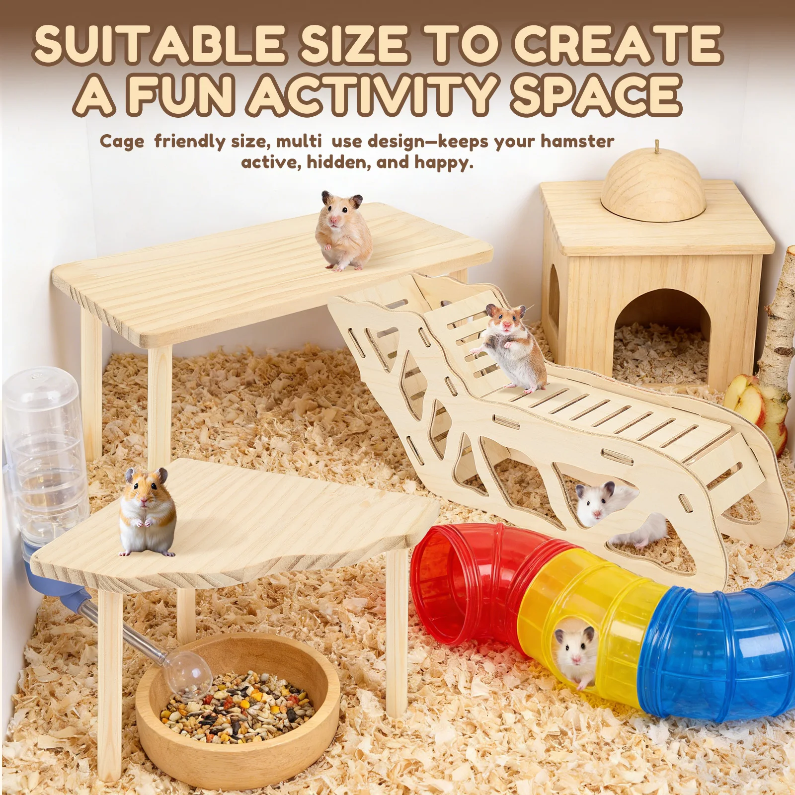 3/4Pcs Hamster Platform Natural Wood Hamster Climbing Toy with Ramp Tunnel Shelter Small Pet Resting Area Hamster Cage Accessory - Image 2