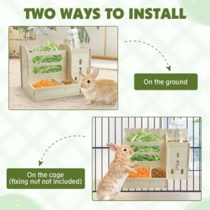 2 in 1 Rabbit Hay Feeder Detachable Bite Resistant Wooden Grass Dispenser with Bottle Rabbit Food Manger Cage Accessories