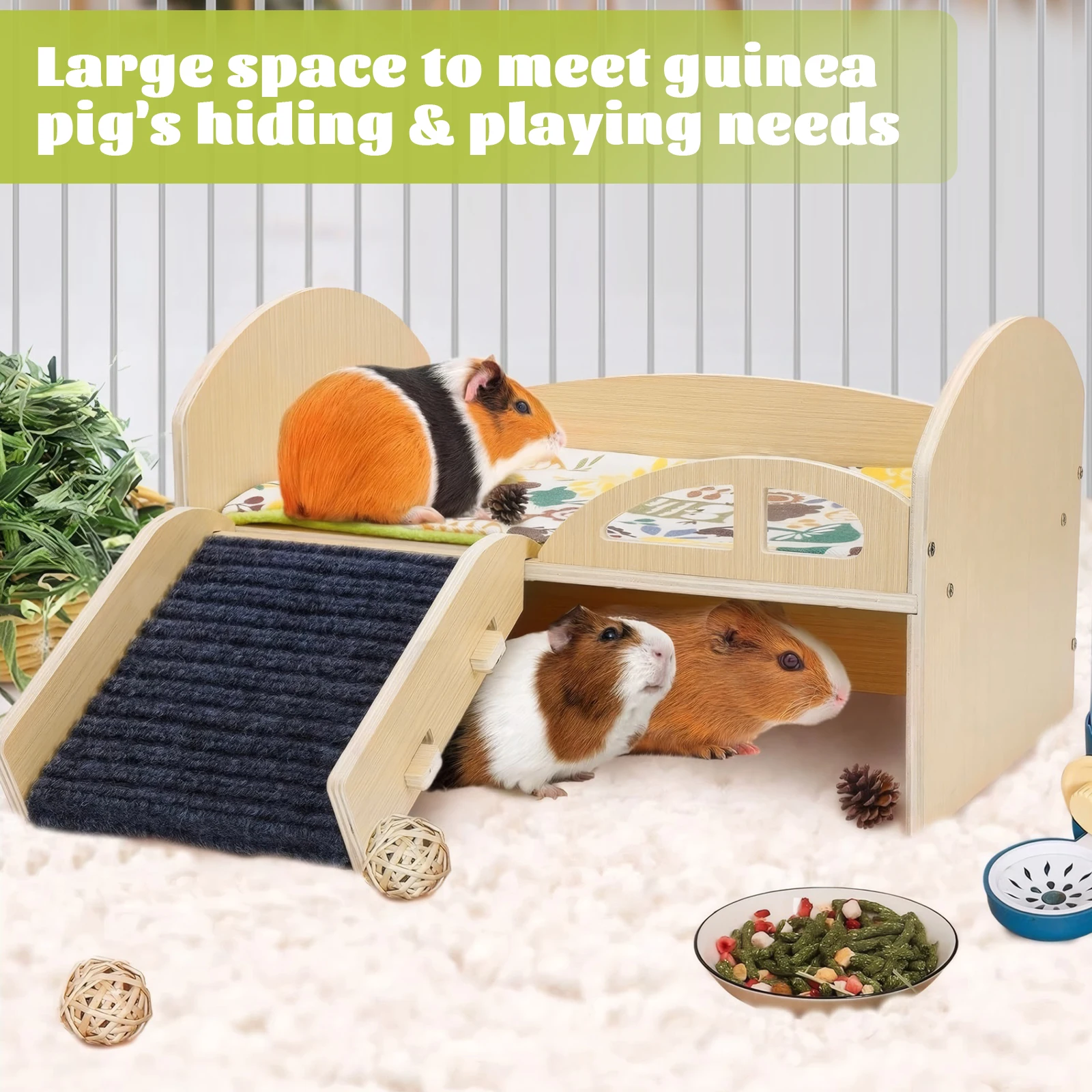 Wooden Small Animal Bed Anti-Slip Guinea Hideout Platform Washable Multi-Level Guinea Pig Castle for Hamsters Bunny Chinchillas - Image 2