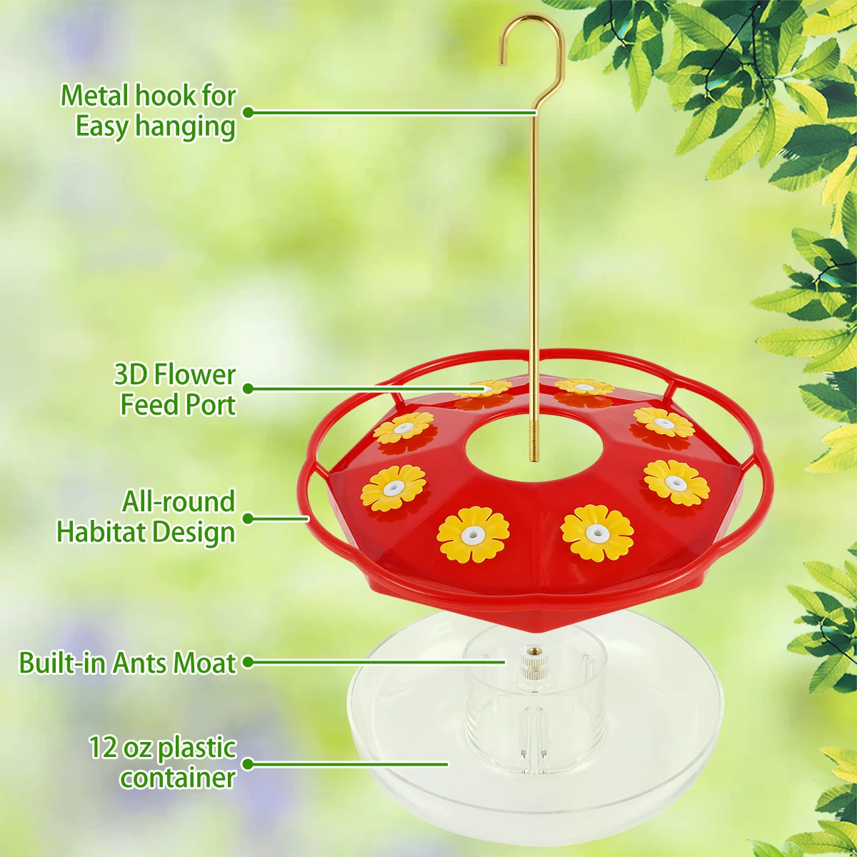 Hummingbird Feeder Hanging Bird Feeder Pendant with 8 Feeding Ports Ant and Bee Proof Hummingbird Feeder Decorative Floral Shape - Image 5
