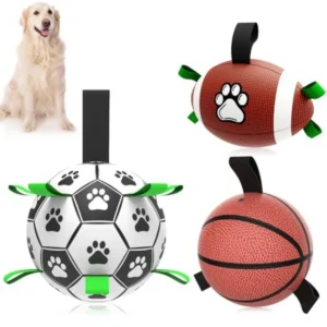 Dog Soccer Ball Football Basketball Set - 3 PCS Dog Balls with Strap for Tug of War Soccer Ball Football Toys for Small Medium