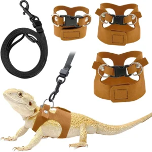 Bearded Dragon Harness and Leash Set, 3 Size Adjustable Soft Leather Reptile Leash, Lizard Harness with Retractable