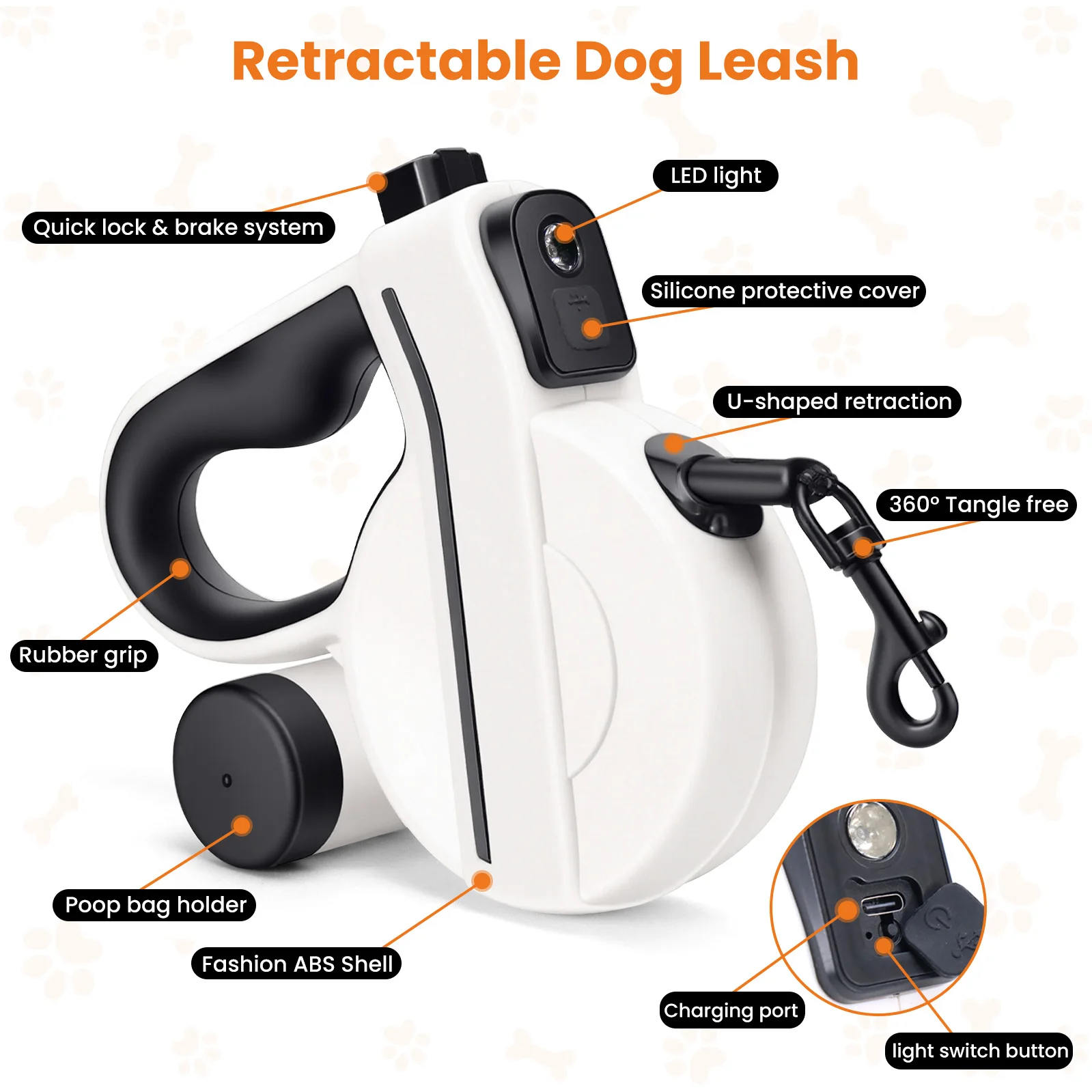 16ft USB LED Retractable Dog Leash, Reflective & Tangle-Free with Poop Bag Holder for Night Safety, Black - Image 4