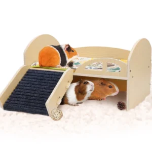Guinea Hideout Platform with Stable Stairs & Mat Wood Pet Toy Bed Multi-Level Guinea Pig Castle for Hamsters Bunny Chinchillas