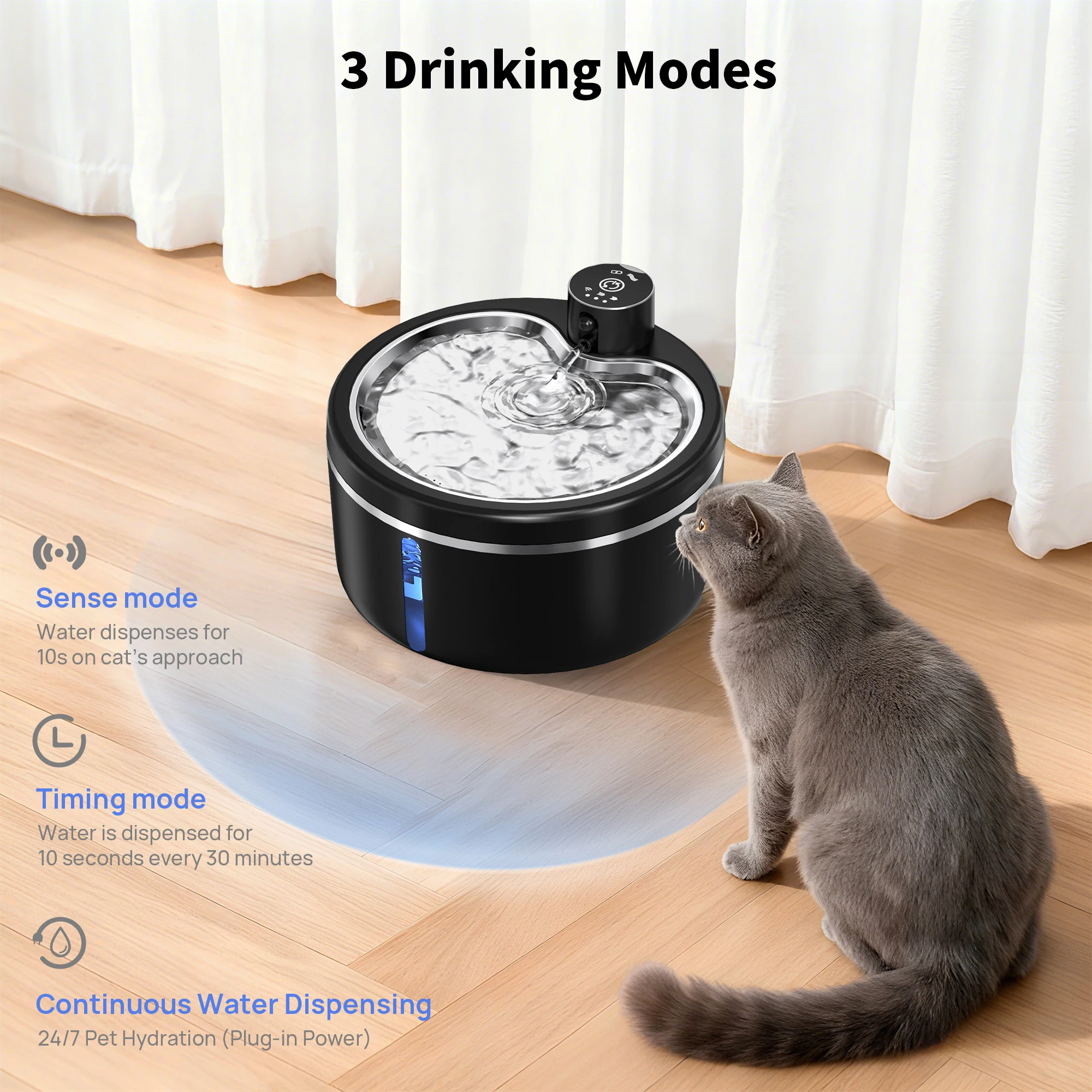 Wireless Cat Water Fountain Smart Sensor 304 Stainless Steel Automatic Circ Filtration With Level Check Mute Cats Water Drinker - Image 3
