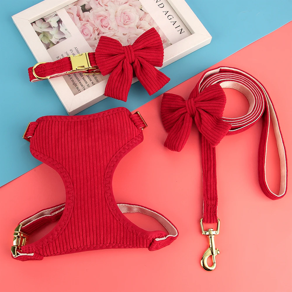 3PCS Dog Collar Harness Leash Set Breathable Dog Harnesses Soft Velvet Puppy Necklace With Bowknot Pet Walking Rope For Dogs Pug - Image 4