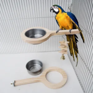 Parrot Bird Solid Wood Standing Stick Stainless Steel Feeder Natural Material Nibble Resistant Toy Stand Food Pot Pet Supplies