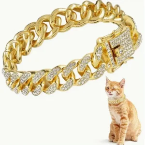 Luxury gold imitation diamond pet collar - Cuban chain cat and dog exclusive, hip-hop style daily wear and party accessories