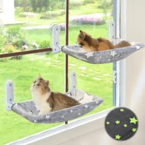 2PC Cat Window Perch Glow in The Dark Cordless Foldable Pet Hammock Bed for Window with Sturdy Metal Frame Glowing Stars Patter