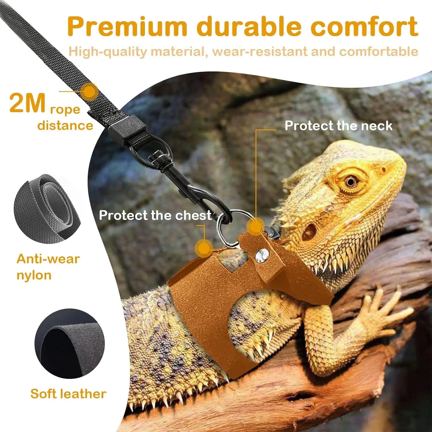 Bearded Dragon Harness and Leash Set, 3 Size Adjustable Soft Leather Reptile Leash, Lizard Harness with Retractable - Image 5