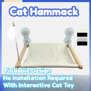 Cat Hammock Suction Cup Mounted Solid Wood Frame Foldable Design No Installation Required Interactive Toy Breathable Fabric Rest