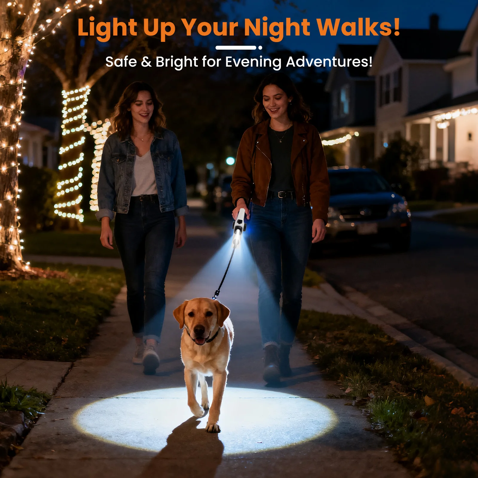 16ft USB LED Retractable Dog Leash, Reflective & Tangle-Free with Poop Bag Holder for Night Safety, Black - Image 2